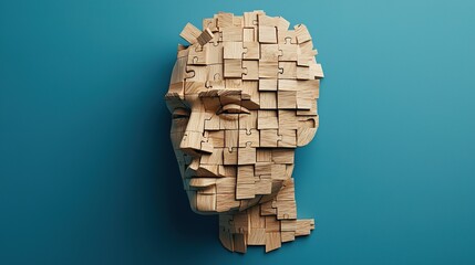 Generative AI-crafted human head from wooden puzzles, each piece carefully placed to depict a complex, lifelike portrait, symbolizing the intersection of human creativity and technology