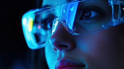 Close up of a scientist wearing protective eyewear, immersed in a high tech laboratory environment. Blue lighting highlights the focus on cutting edge research and innovation