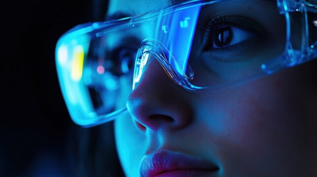 Close up of a scientist wearing protective eyewear, immersed in a high tech laboratory environment. Blue lighting highlights the focus on cutting edge research and innovation