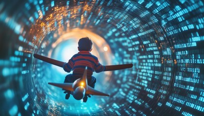 Child Riding Airplane Through Tunnel Adorned With Binary Code, Symbolizing Quick Internet Connectivity. Little Boy Flying Through High-Speed Internet Tunnel.