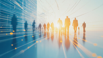 Fototapeta premium Group of business people silhouettes in modern office building and business network concept. Human resources with pastel innovation charts and graphs with statistics to analyze business
