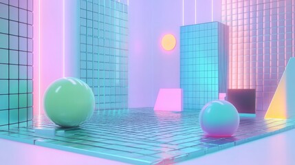 A vibrant 3D scene with geometric shapes and neon colors, evoking a futuristic aesthetic.