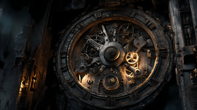 A gothic mechanical clock being taken apart, with dark, ornate details and eerie shadows cast over the gears. Mechanical Lifeforms. Illustration