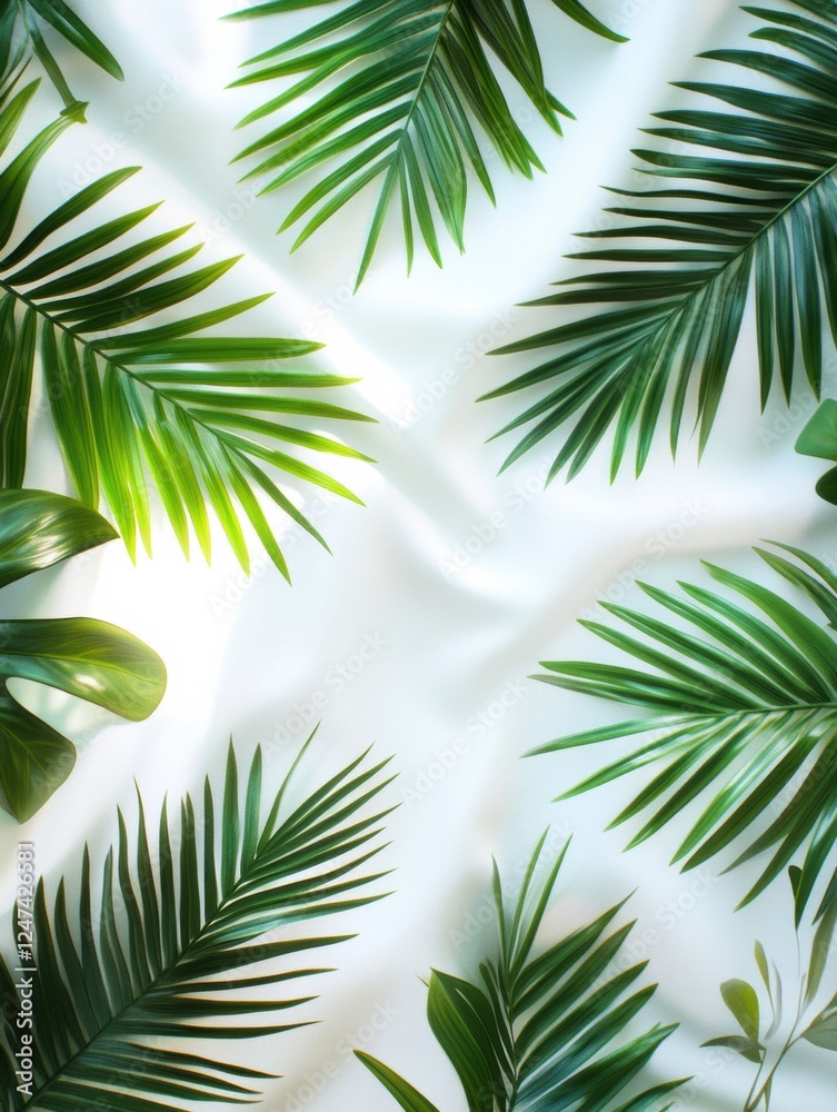 Poster enjoying tropical patterns with light summer fabrics on a sunny day surrounded by lush green leaves 