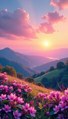 Pastel colored sunrise over rolling hills, delicate blossoms dotting foreground, fresh, serene, landscape