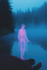Obraz premium Glowing Skeleton Figure by a Misty Lake in Ethereal Twilight Setting