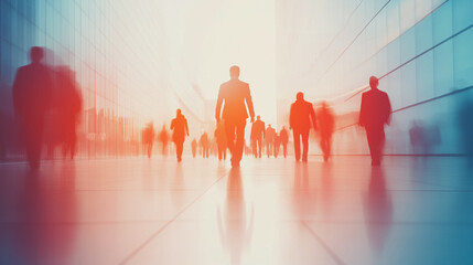 Fototapeta premium Group of business people silhouettes in modern office building and business network concept. Human resources with pastel innovation charts and graphs with statistics to analyze business