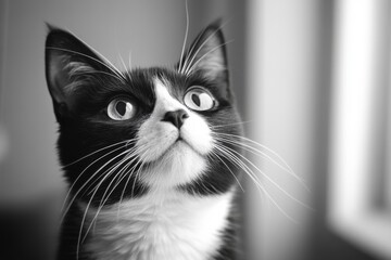 Black and white portrait of a curious cat