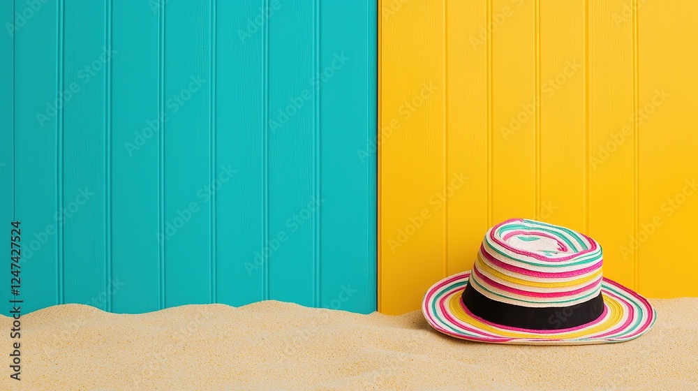Fototapete Hello summer holiday concept with a colorful hat resting on golden sand, set against an abstract tropical style background with vibrant colors and beach vibes