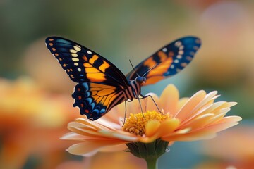 Obraz premium Butterfly sitting on a yellow flower in natural sunlight