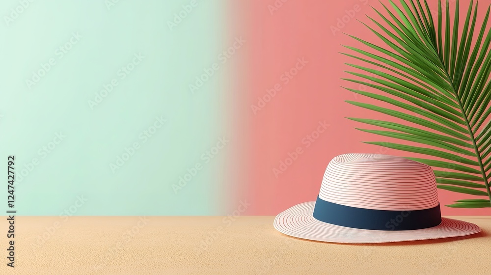 Fototapete hello summer holiday concept with a colorful hat resting on golden sand, set against an abstract tro