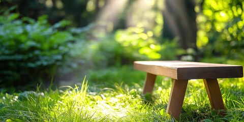 Eco-Friendly Upcycled Wooden Bench in Lush Green Forest Natural Finish Relaxing Outdoor Retreat