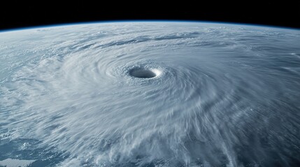 High-resolution satellite view of a hurricane in the Gulf of Mexico, the eye of the storm clearly visible, surrounded by an immense cloud formation, with swirling patterns and intense weather dynamics