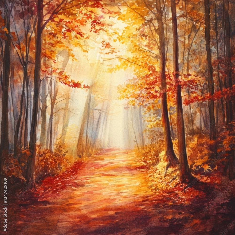 Aufkleber autumn path with golden sunlight filtering through vibrant trees in a peaceful forest setting. gener