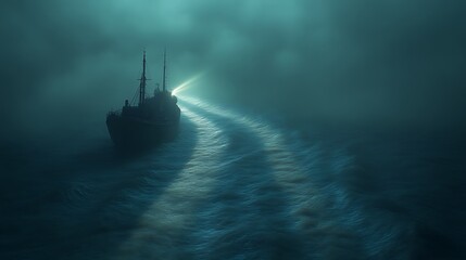 Fototapeta premium Lonely Ship Sailing Through Dark Foggy Waters