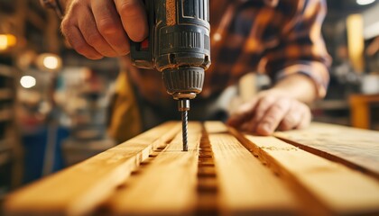 Carpenter In Assembly Shop Using Power Drill And Electric Tool For Precise Drilling And Joinery In Wooden Boards