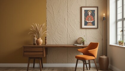 Fototapeta premium In a serene corner, a beautifully designed workspace awaits inspiration. A wooden desk, adorned with a charming vase and a striking artwork, invites creativity in a tranquil environment