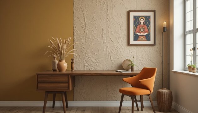 In a serene corner, a beautifully designed workspace awaits inspiration. A wooden desk, adorned with a charming vase and a striking artwork, invites creativity in a tranquil environment