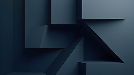 Abstract Dark Blue Geometric Shapes: Modern 3D Render of Cubes and Triangles, Minimalist Architectural Design, Contemporary Art Background