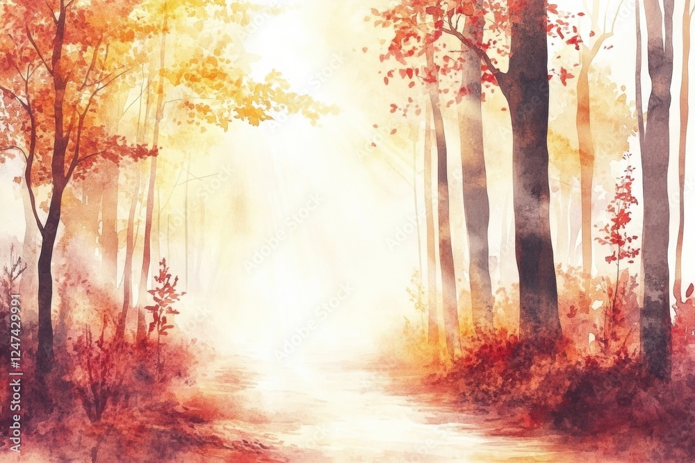 Poster Autumn woodlands with soft sunlight filtering through the trees in a serene atmosphere. Generative AI