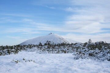 Fototapeta premium Śnieżka Mountain climbing in Poland. Photography of nature, mountain architecture, snow and mountains.