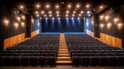Modern Empty Theater Interior with Comfortable Rows of Seats and Dramatic Lighting Effects