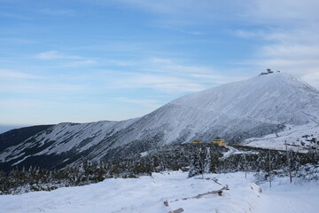 Fototapeta premium Śnieżka Mountain climbing in Poland. Photography of nature, mountain architecture, snow and mountains.