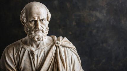 Lifelike Roman philosopher marble statue, mature adult with a calm, reflective expression, draped in classic robes, masterfully sculpted to convey wisdom and stoic philosophy