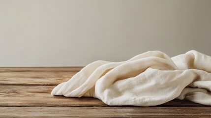Light-colored cloth draped casually over a smooth wooden tabletop, blurred kitchen ambiance in soft tones for product display focus