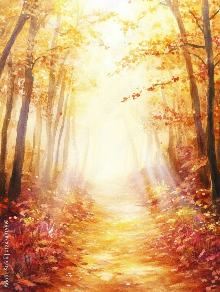 Fototapete Bright autumn pathway with golden light through trees in a serene forest setting. Generative AI