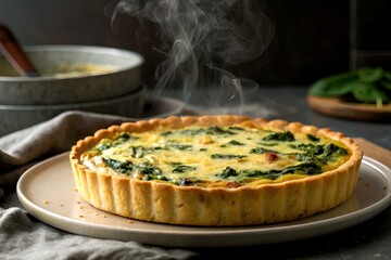 French quiche with cheese and spinach, baked until golden brown