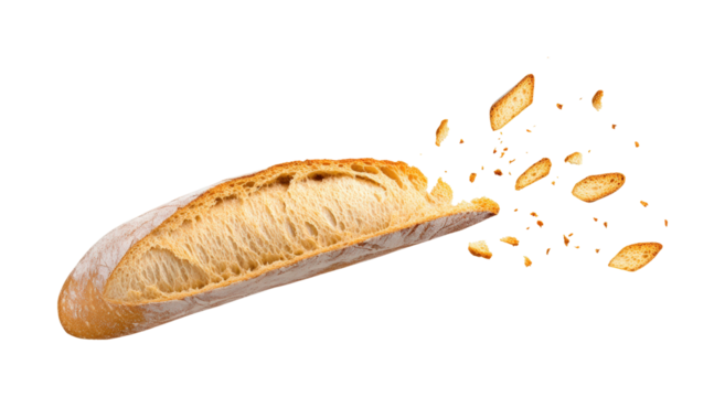 Breaking bread fresh baguette slice in motion isolated on transparent background