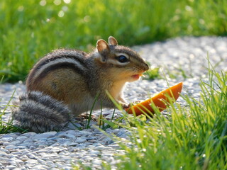 Chipmunk eating orange slice