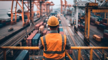 Fototapeta premium Industrial Worker Overseeing Cargo Operations at Shipping Yard