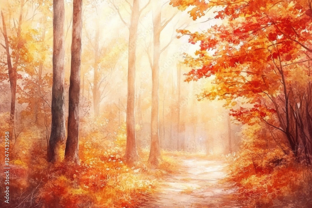 Poster luminous autumn path through an enchanted forest in warm watercolor hues during a hazy afternoon. ge