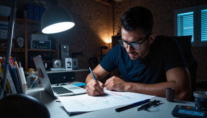 Focused young engineer designing prototype in tech lab at night, innovation