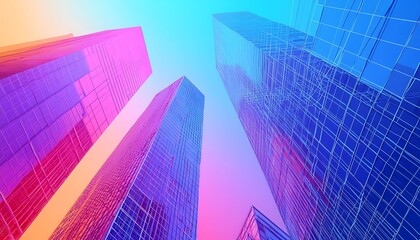 Abstract plexus polygon wireframe shapes, with a blue gradient skyscraper background, symbolizing teamwork, technology, and big data in IoT