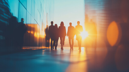 Fototapeta premium Group of business people silhouettes in modern office building and business network concept. Human resources with pastel innovation charts and graphs with statistics to analyze business 