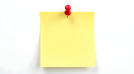 Yellow Sticky Note Pinned to White Wall: Close-Up of Blank Square Memo Pad with Red Pushpin, Office Reminder, To-Do List, Message Board, Simple Design