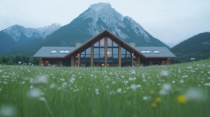 Mountain view luxury home, meadow, sunset