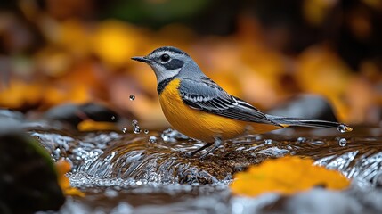 A vibrant bird perched near water amidst autumn leaves.