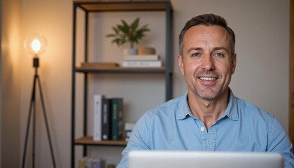 Fototapeta premium Smiling man on video call in modern home office, professional connection