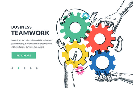 Hands connecting mechanism gears. Vector hand drawn sketch illustration. Teamwork solutions, collaboration concept