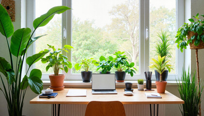 Fototapeta premium Vibrant home office workspace with plants and natural light, productivity boost