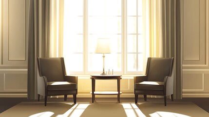 Sunlit Room Interior With Two Armchairs And Table