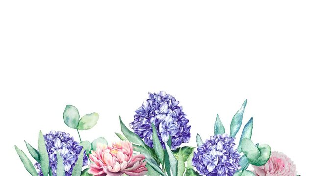 Watercolor leaves background, peonies and hydrangea flowers animation growing moving minimal decoration botanical ecological cosmetic wedding invitation spring summer plants