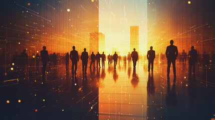 Fototapeta premium Group of business people silhouettes in modern office building and business network concept. Human resources with pastel innovation charts and graphs with statistics to analyze business 