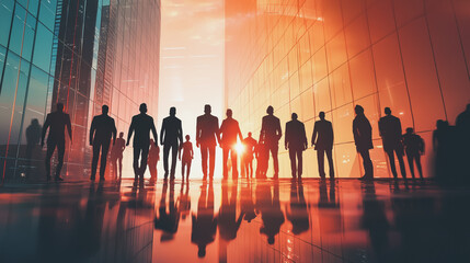Fototapeta premium Group of business people silhouettes in modern office building and business network concept. Human resources with pastel innovation charts and graphs with statistics to analyze business 