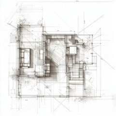 Obraz premium CAD technical architecture interior design sketch drawing of a house