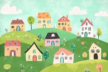 Fototapeta premium Colorful houses stand atop green hills under a bright sky